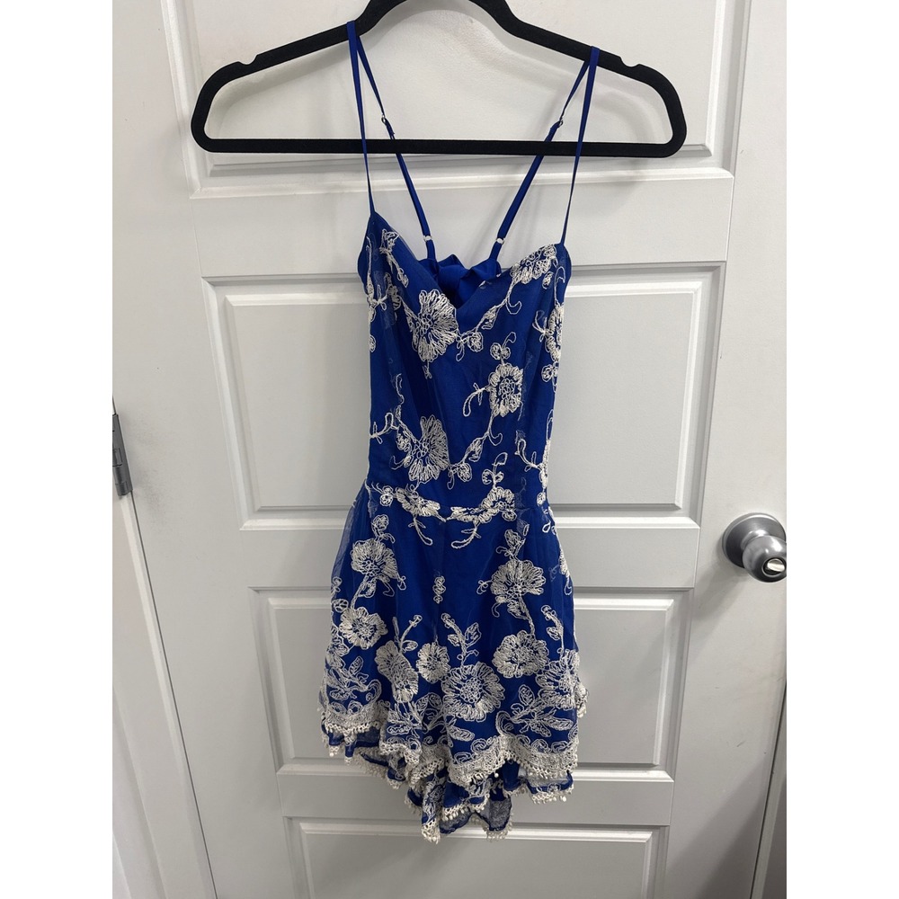 Lovers + Friends Royal Blue Floral Embroidered Romper Bow Back Small
